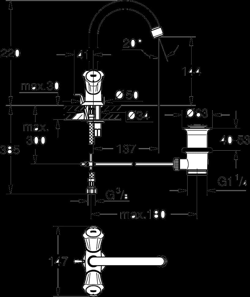 GROHE Costa L Baterie lavoar, 1/2" - desen tehnic cu cote