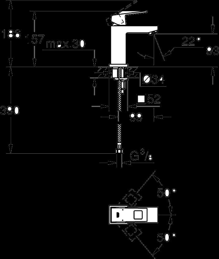 GROHE Eurocube Baterie lavoar monocomandă 1/2" - desen tehnic cu cote