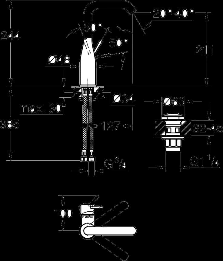 GROHE Essence Baterie lavoar monocomandă 1/2" Mărimea L - desen tehnic cu cote