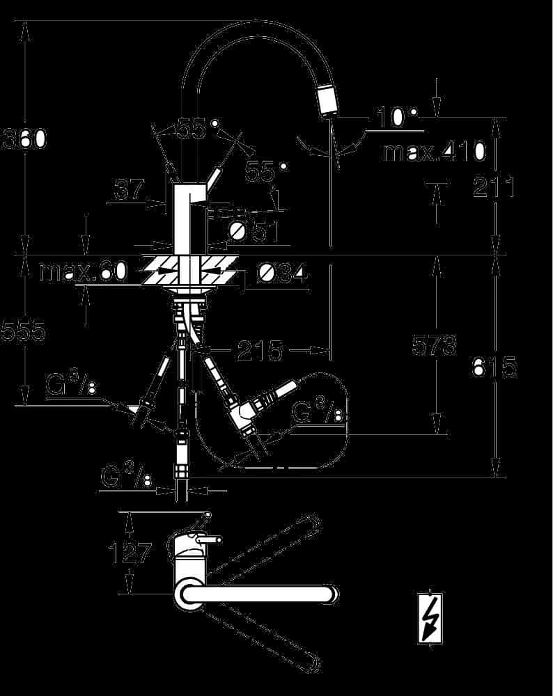 GROHE Concetto Baterie spălător cu monocomandă 1/2" - desen tehnic cu cote