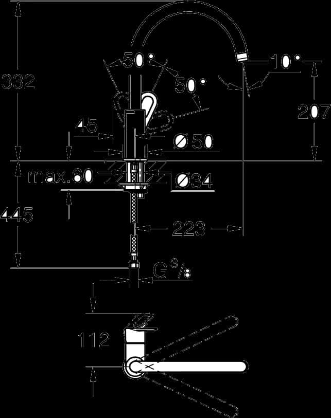 GROHE BauLoop Baterie spălător cu monocomandă 1/2" - desen tehnic cu cote