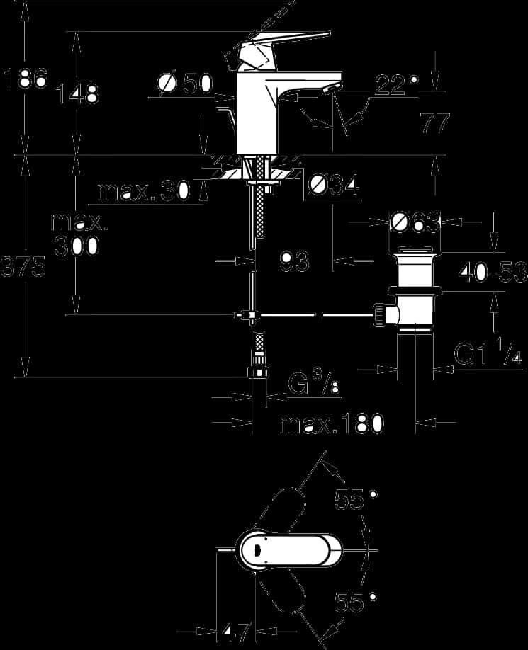 GROHE Eurosmart Cosmopolitan Baterie lavoar monocomandă 1/2" - desen tehnic cu cote