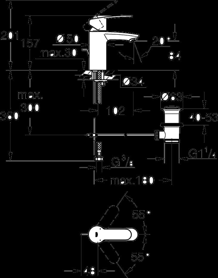 GROHE Eurostyle Cosmopolitan Baterie lavoar monocomandă 1/2" - desen tehnic cu cote