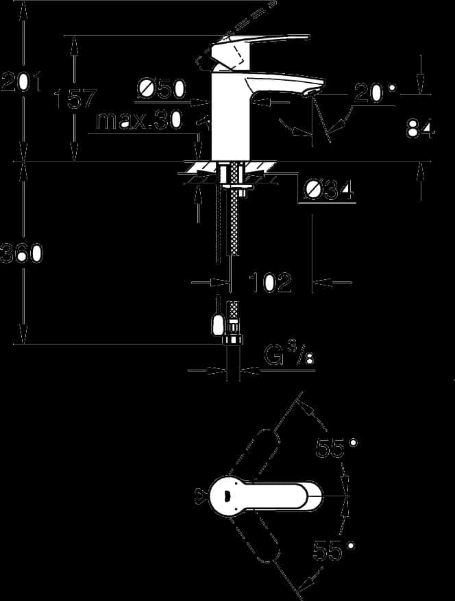 GROHE Eurostyle Cosmopolitan Baterie lavoar monocomandă 1/2" - desen tehnic cu cote