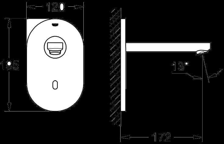 GROHE Eurosmart Cosmopolitan E Baterie electronică cu infraroşu fără dispozitiv de mixare - desen tehnic cu cote