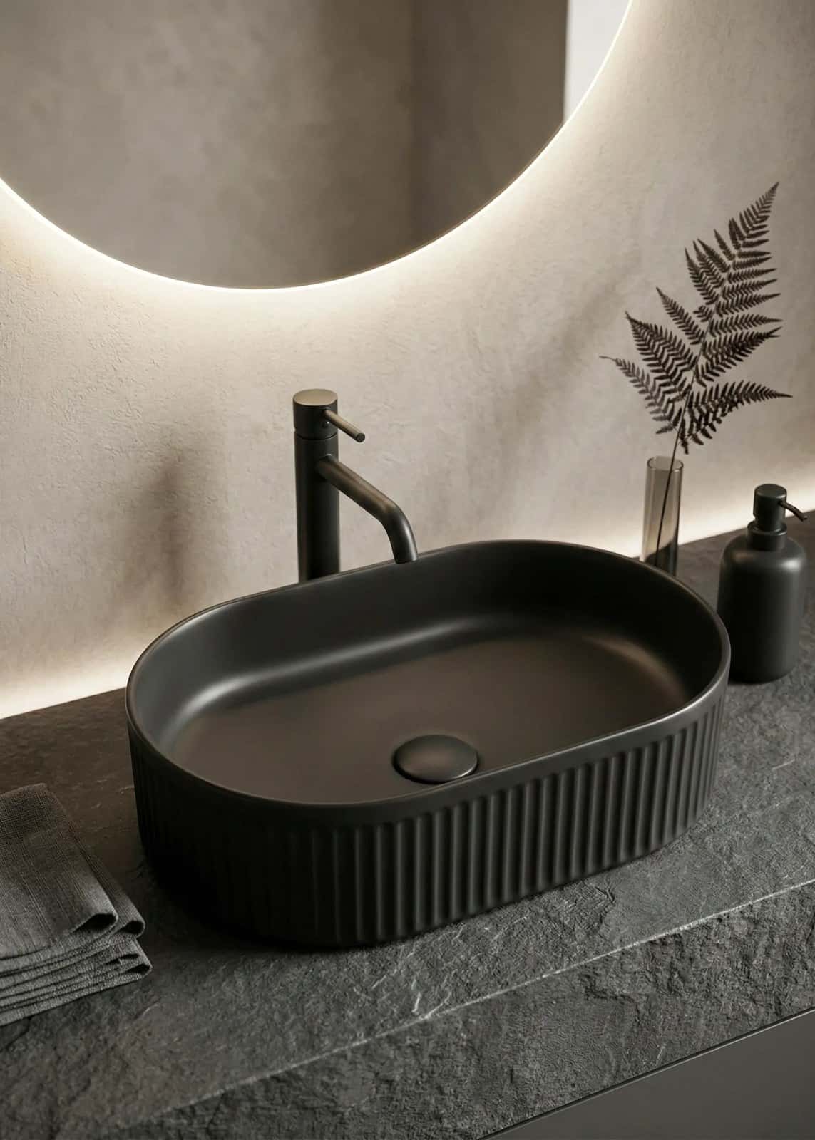 Lavoar ceramic oval A721-CBK-M - negru mat cu textură striată - montat