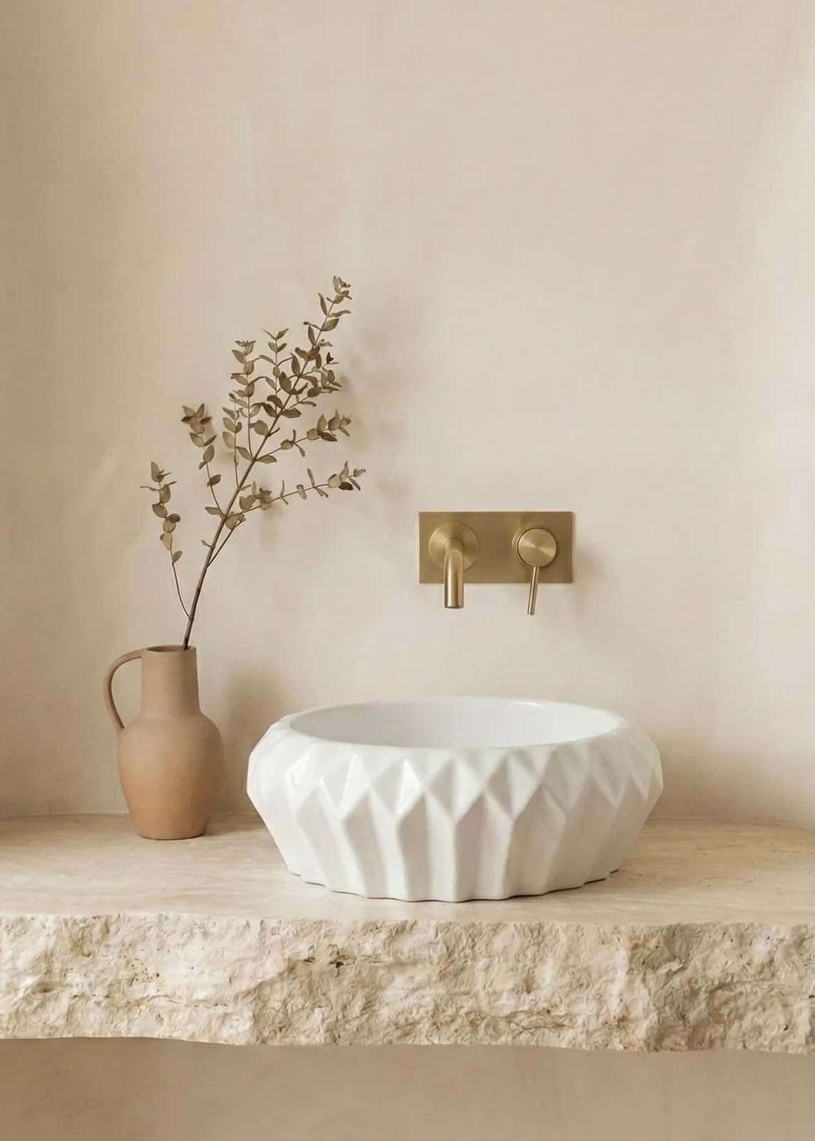 Lavoar ceramic rotund A535 - alb lucios, exterior geometric - montat