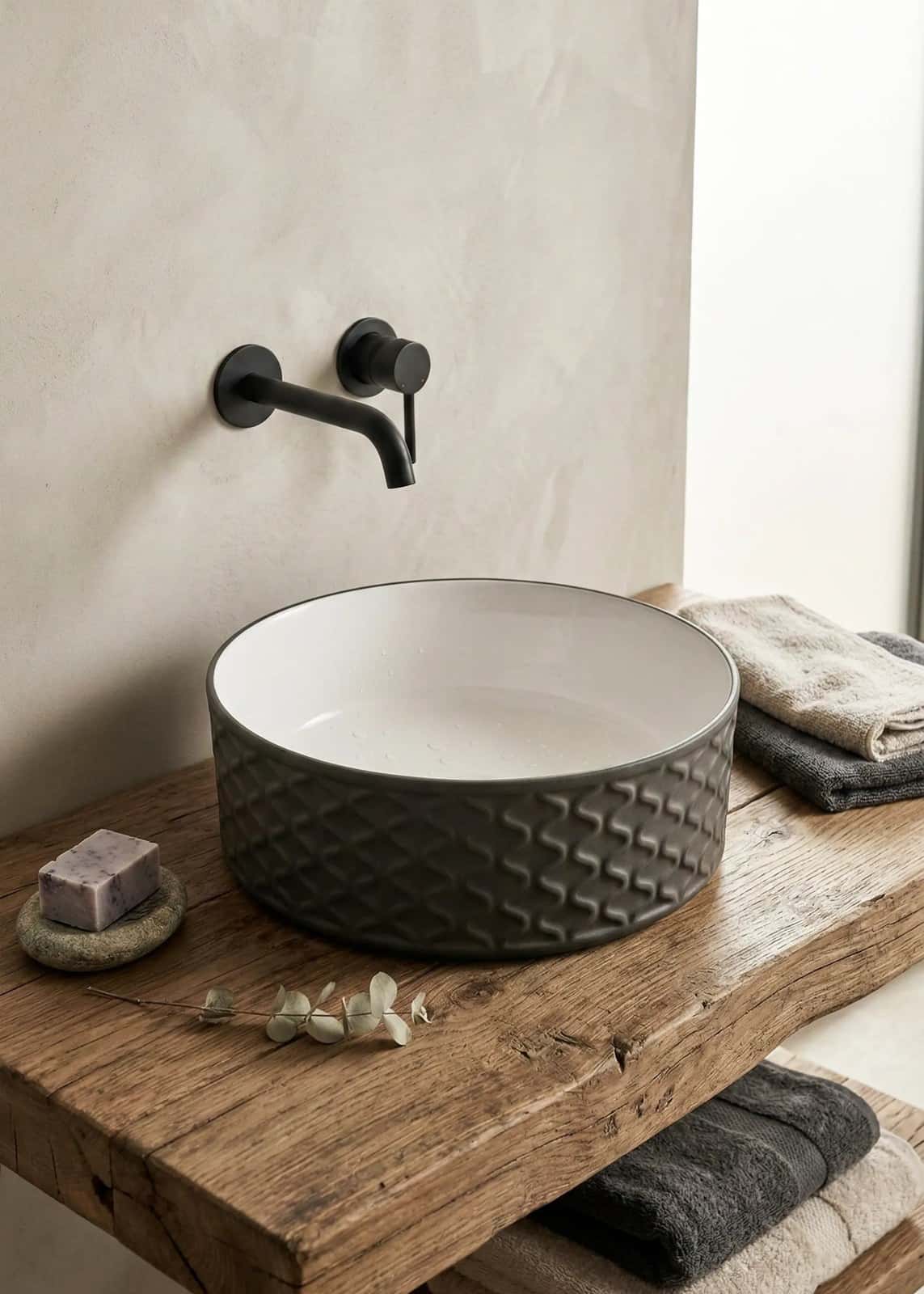 Lavoar rotund ceramic A787-CBKW-MRS - exterior negru texturat, interior alb lucios - montat