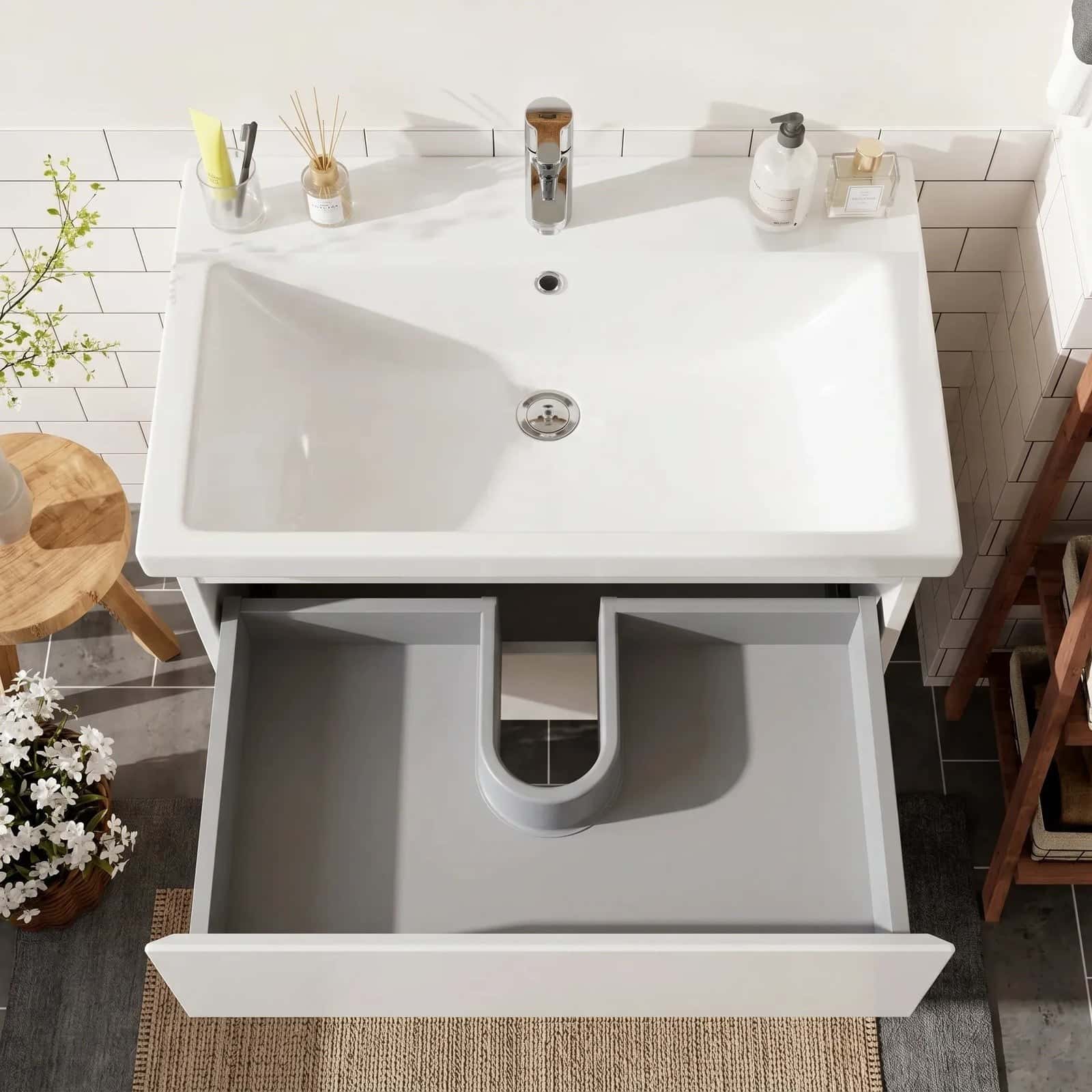 Mobilier de baie suspendat Elite, Alb Mat - montat