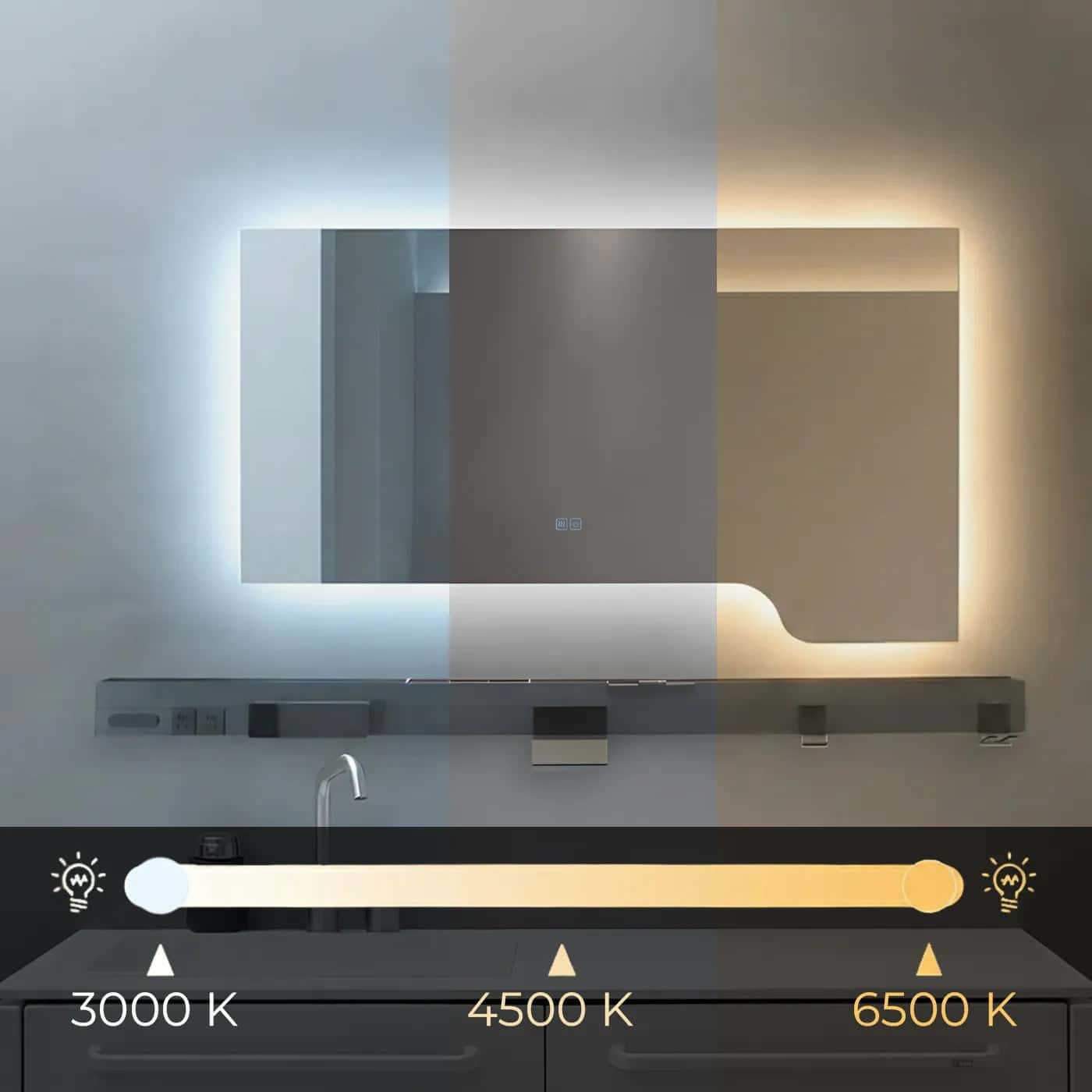 Oglindă baie LED 120×70 cm cu raft multifuncțional, 3 nuanțe de lumină, dezaburire și touch control J-3050 - montat
