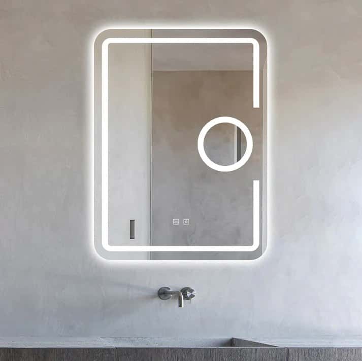 Oglindă baie LED 60×80 cm dreptunghiulară cu lupă cosmetică, 3 nuanțe de lumină, dezaburire și touch control J-1041 - montat