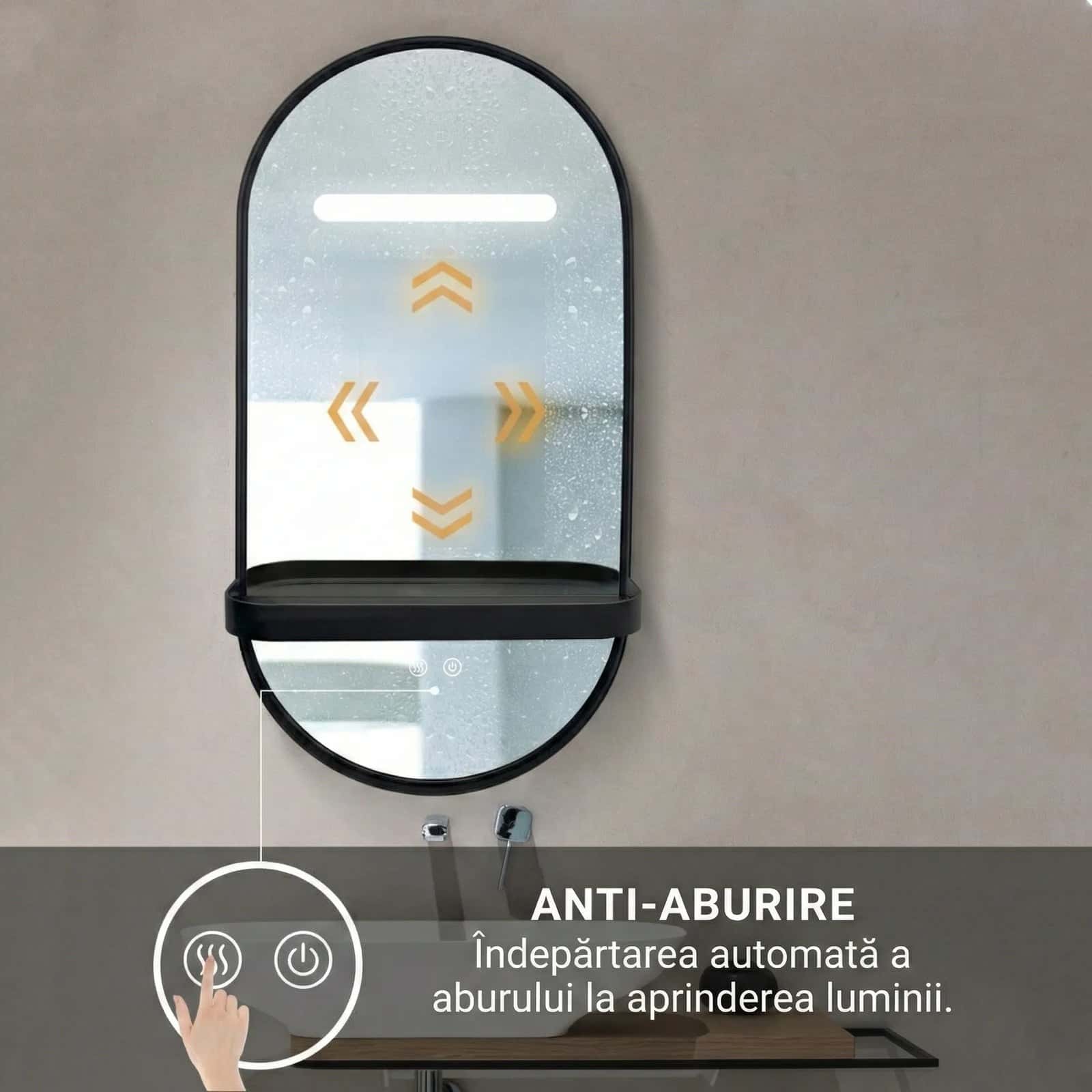 Oglindă baie LED 80×40 cm ovală, 3 nuanțe de lumină, dezaburire și touch control J-3086 - montat