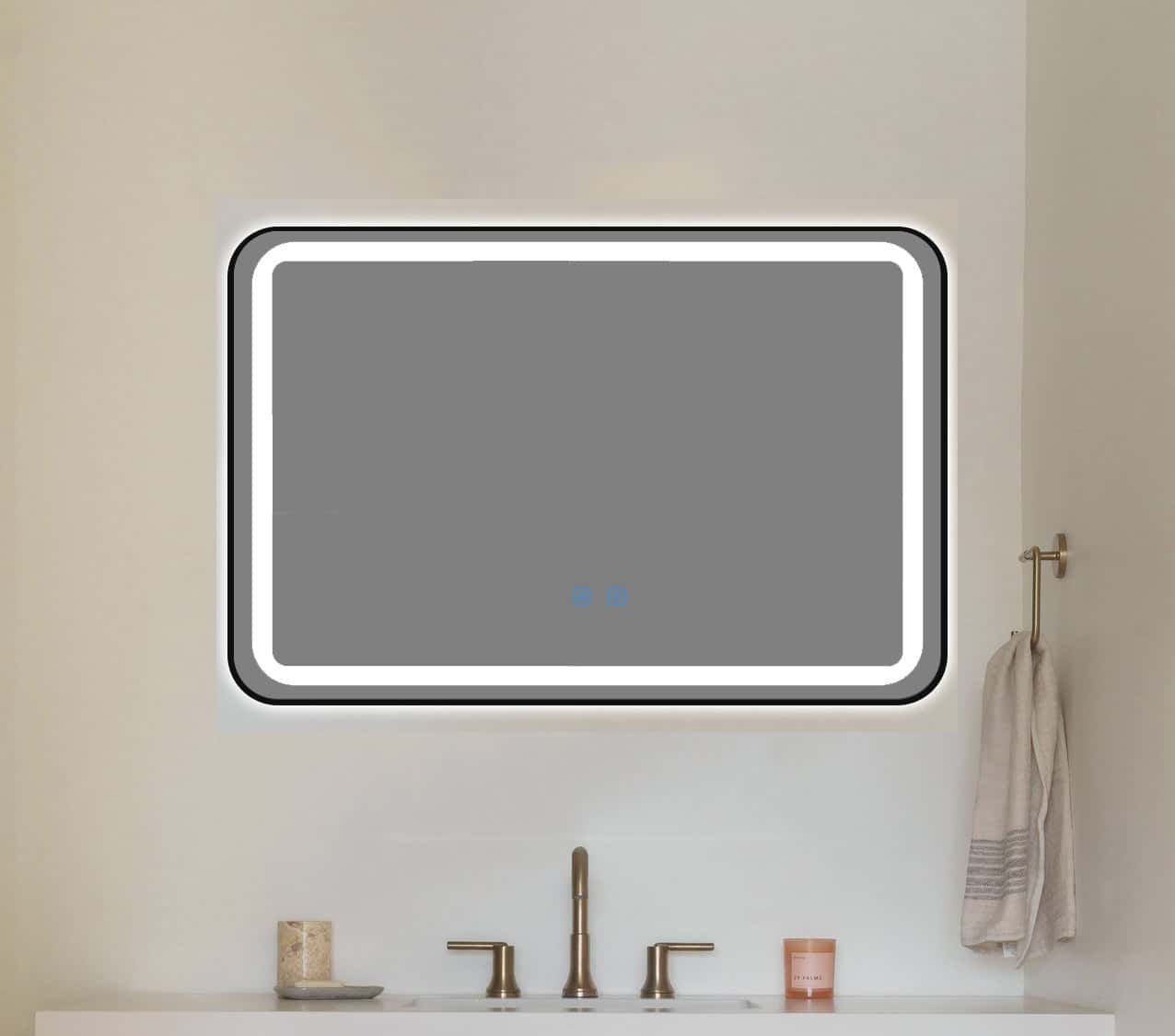 Oglindă baie LED 80×60 cm dreptunghiulară cu ramă neagră, 3 nuanțe de lumină, dezaburire și touch control J-11 - montat