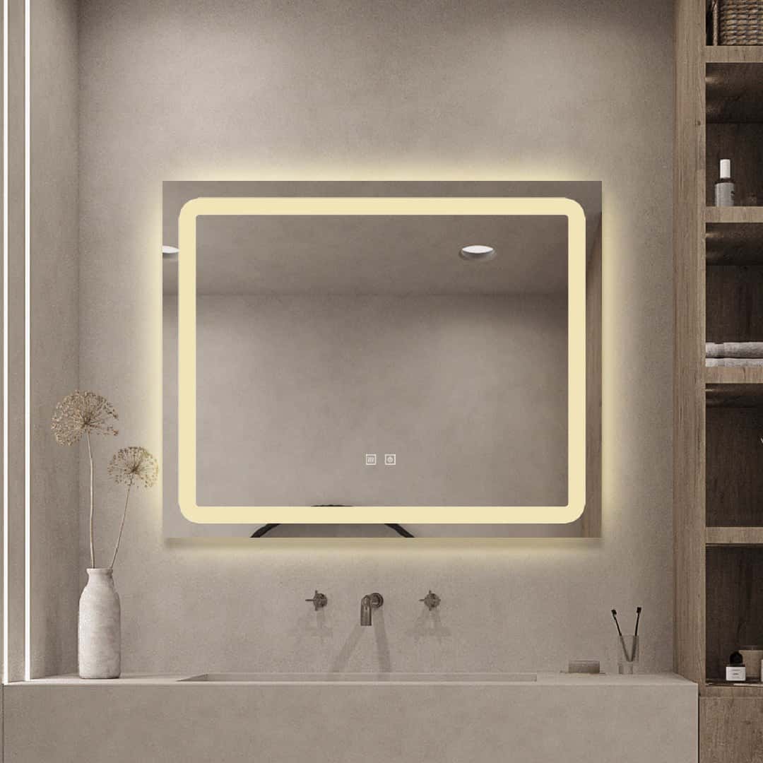 Oglindă baie LED 80×65 cm dreptunghiulară, 3 nuanțe de lumină, dezaburire și touch control J-103 - montat
