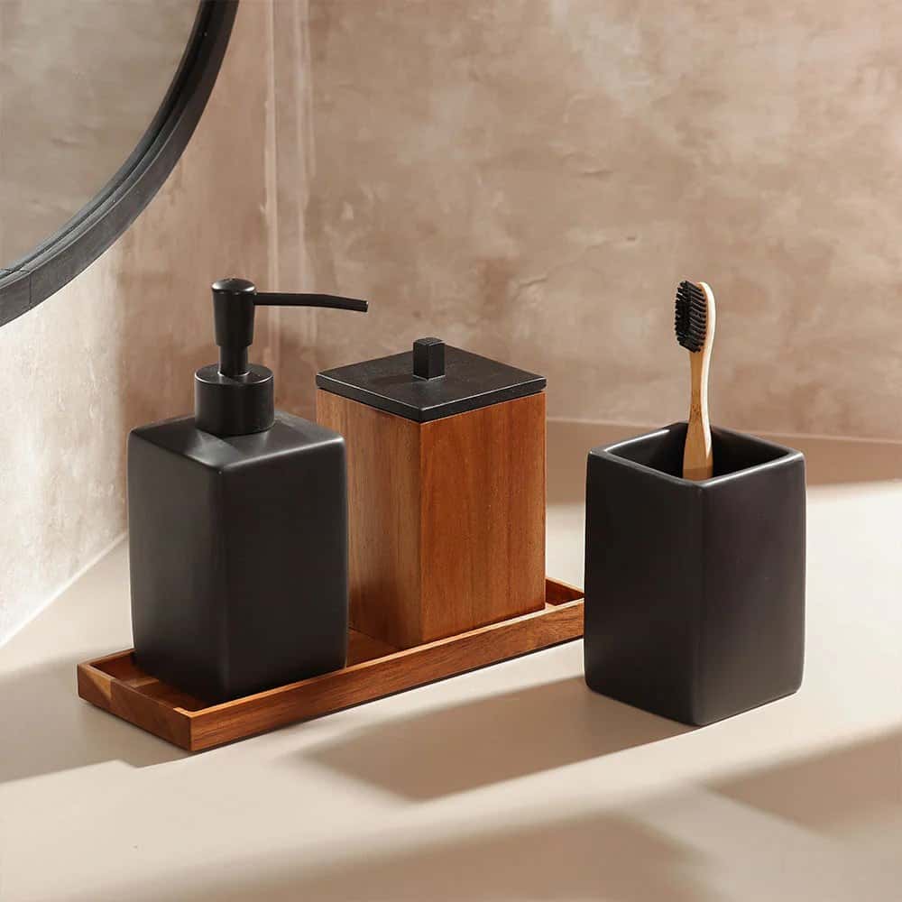 Set accesorii baie negru ceramică și lemn - montat