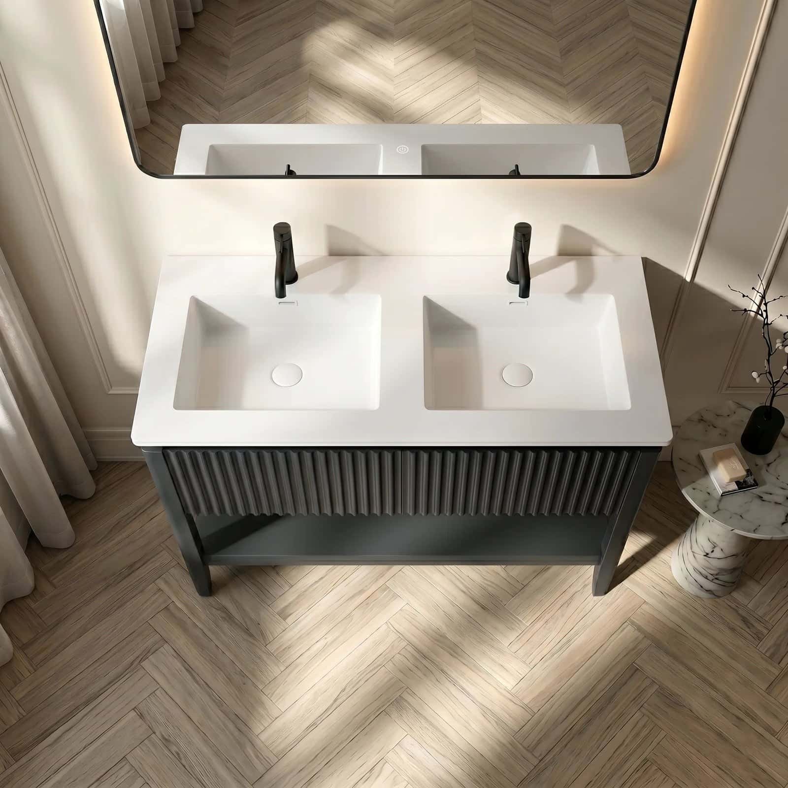 Set mobilier baie pe pardoseală Obsidyan 120 cm cu două lavoare și oglindă LED cu ramă neagră - montat