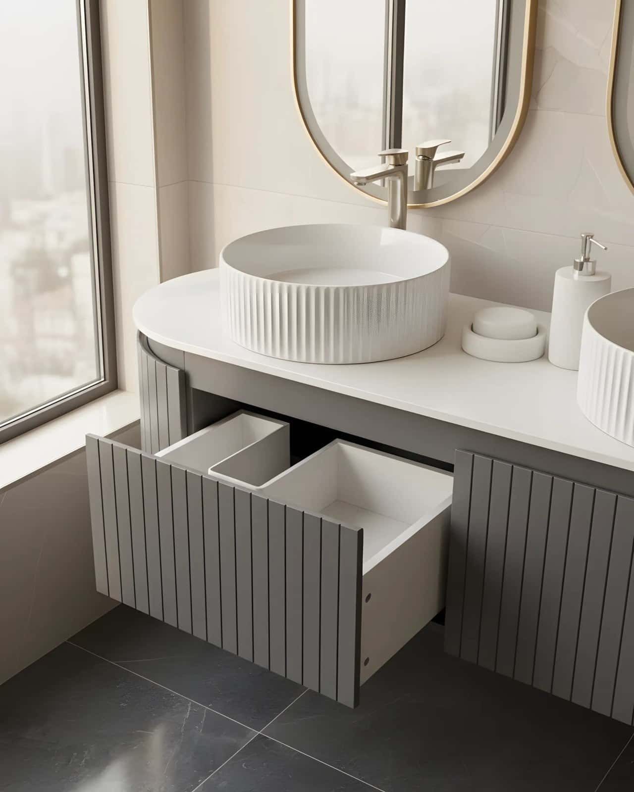 Set Mobilier baie suspendat dublu Medeea 150 cm cu două lavoare din compozit și oglinzi LED - montat
