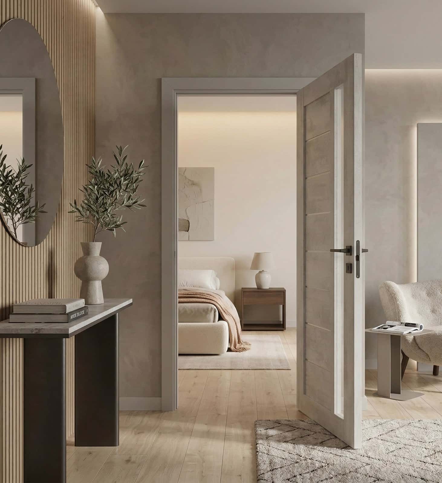 Ușă de interior Deco 09 G Light Cement cu sticlă satinată - montat