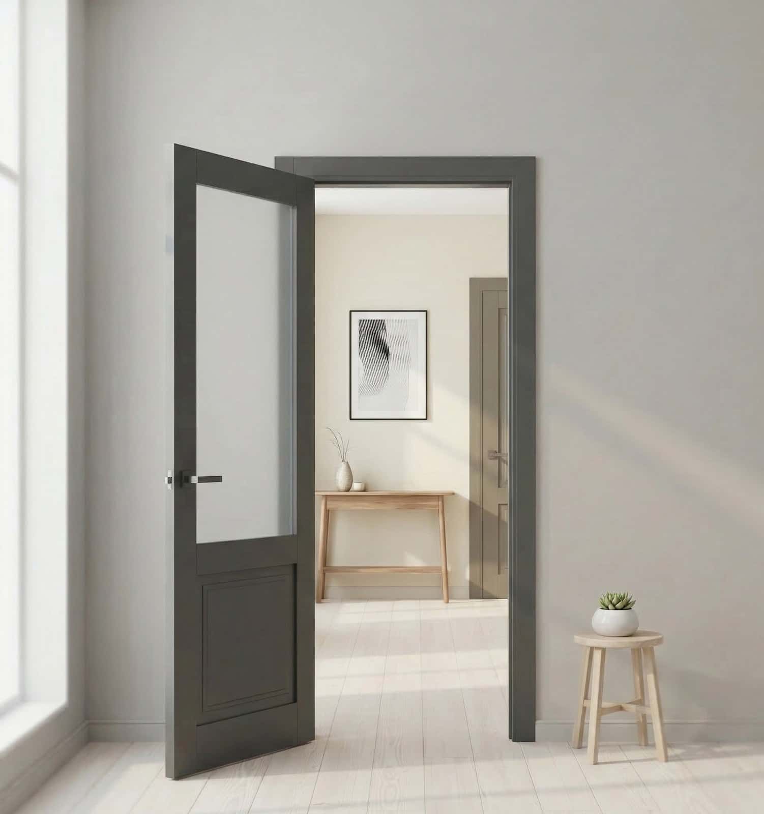 Ușă de interior ML-11 cu panou vitrat mat și frezări elegante - montat