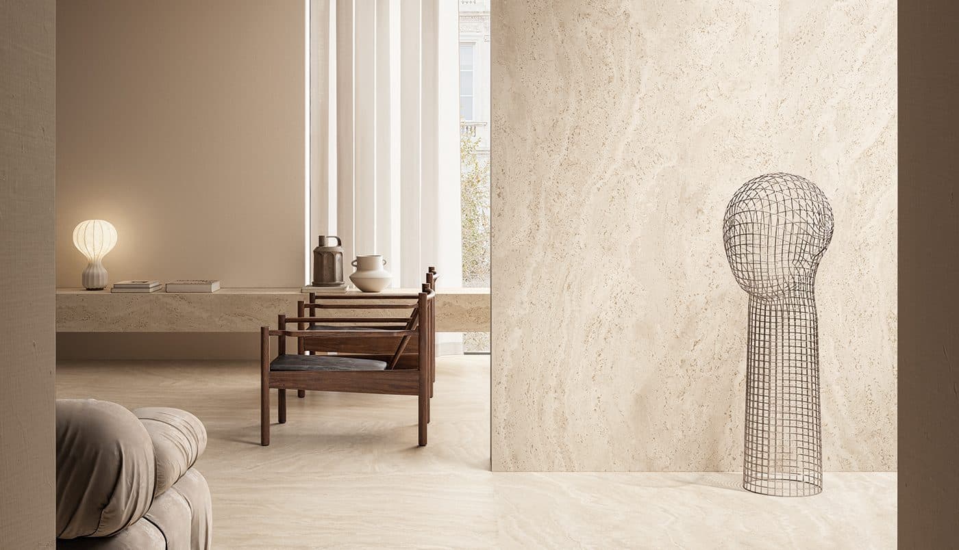 Dual Travertine Poro Chiuso Beige - montată într-o cameră