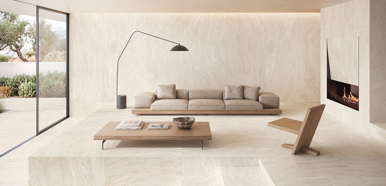 Dual Travertine Poro Chiuso White - montată într-o cameră