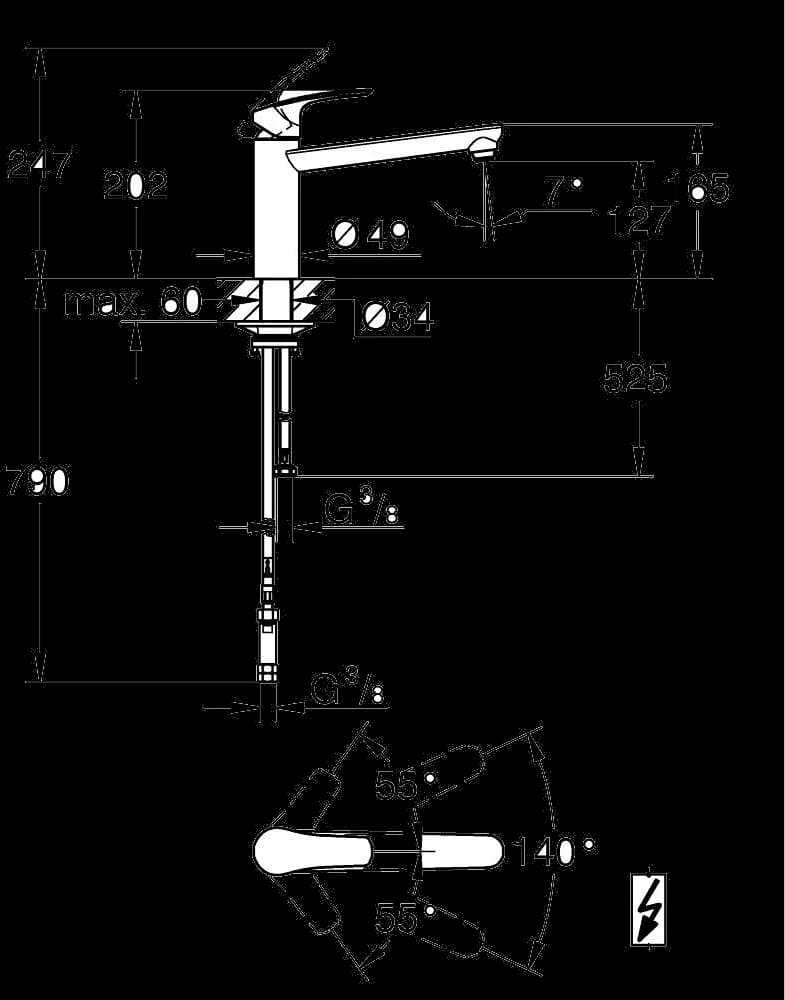 GROHE Eurosmart Baterie spălător cu monocomandă 1/2" - desen tehnic cu cote
