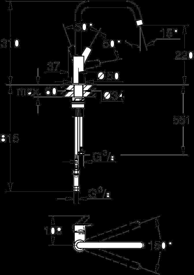 GROHE Start Baterie spălător cu monocomandă 1/2" - desen tehnic cu cote