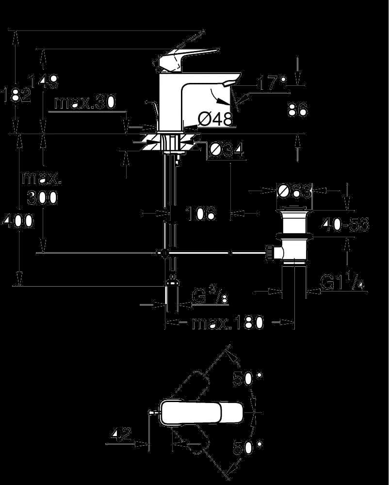 GROHE Cubeo Baterie lavoar monocomandă 1/2" - desen tehnic cu cote