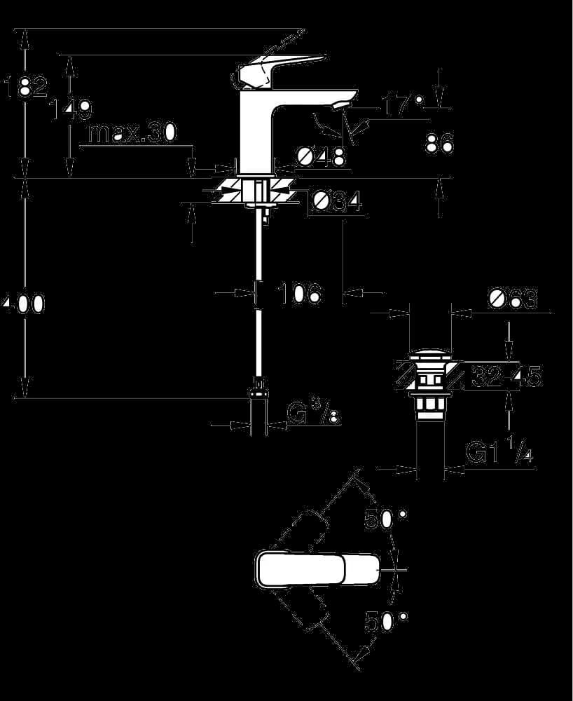 GROHE Cubeo Baterie lavoar monocomandă 1/2" - desen tehnic cu cote