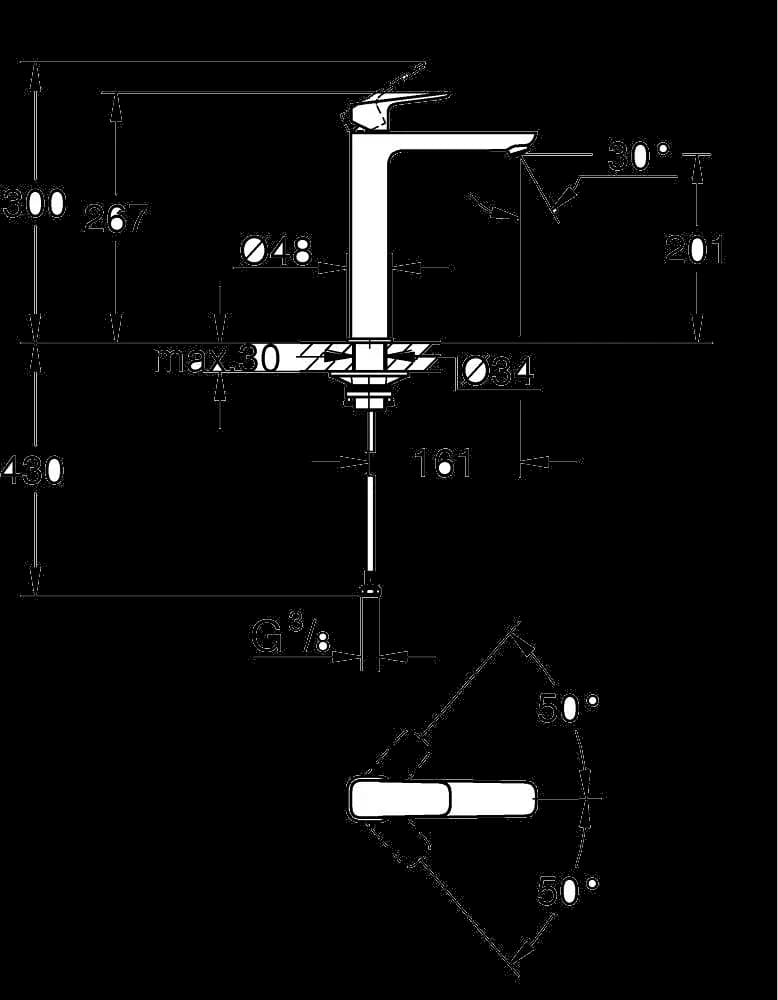 GROHE Cubeo Baterie lavoar monocomandă 1/2" Mărimea XL - desen tehnic cu cote