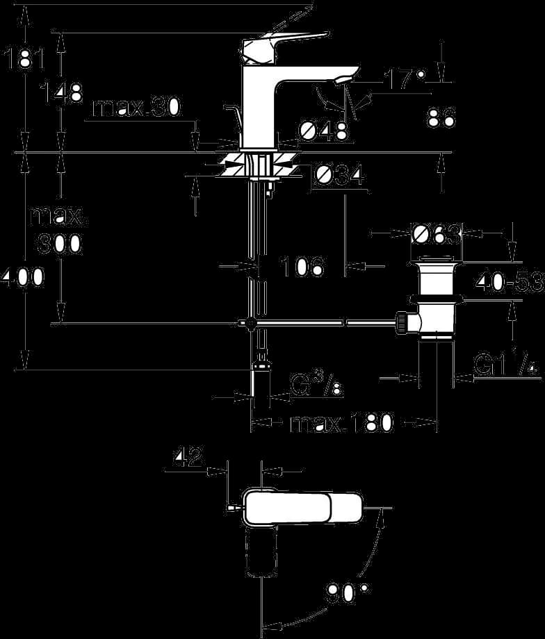 GROHE Cubeo Baterie lavoar monocomandă 1/2" - desen tehnic cu cote