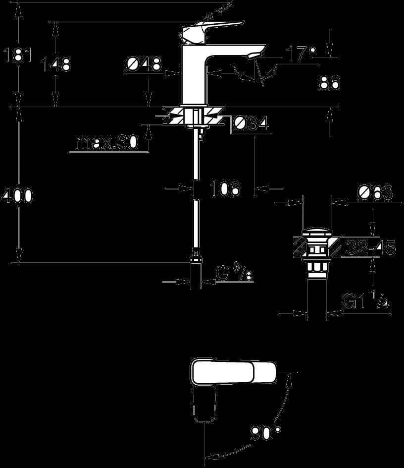 GROHE Cubeo Baterie lavoar monocomandă 1/2" - desen tehnic cu cote