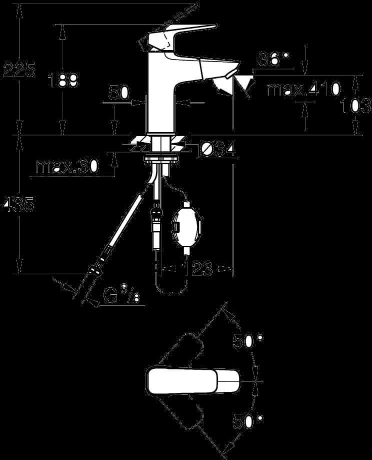 GROHE Cubeo Baterie lavoar monocomandă 1/2" Mărimea M - desen tehnic cu cote