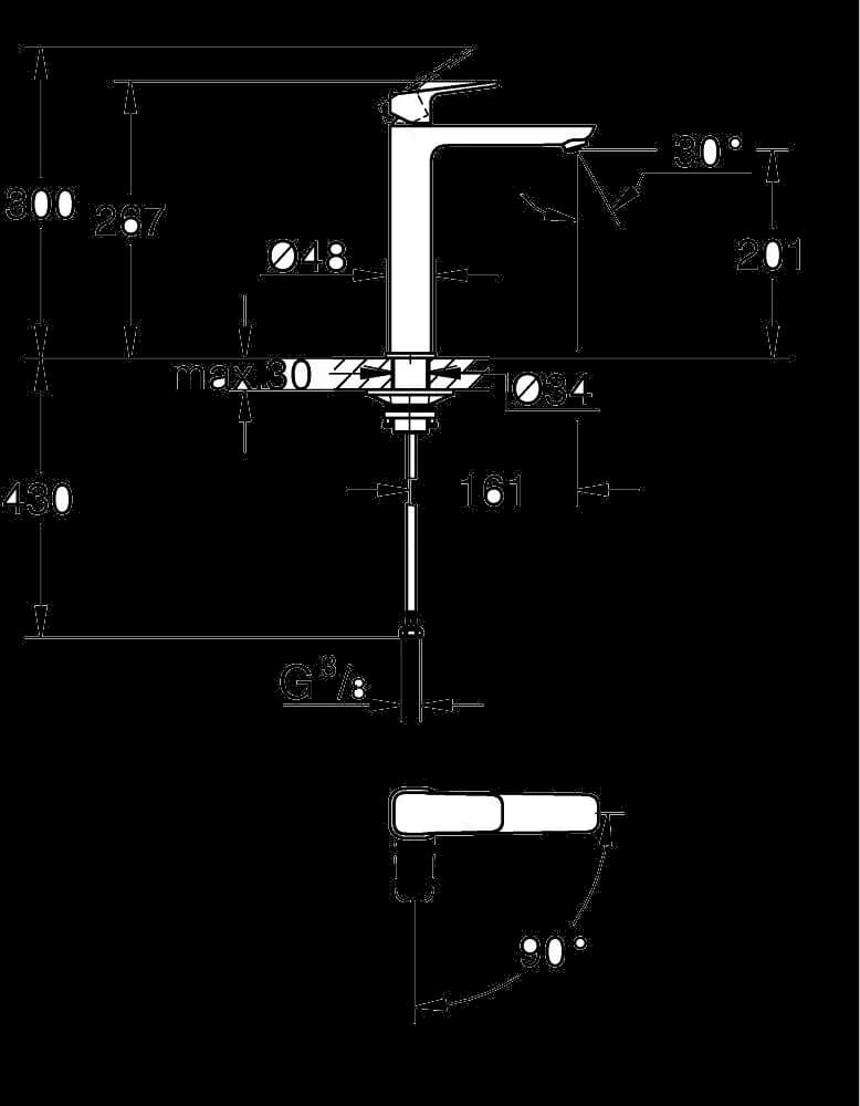 GROHE Cubeo Baterie lavoar monocomandă 1/2" Mărimea XL - desen tehnic cu cote