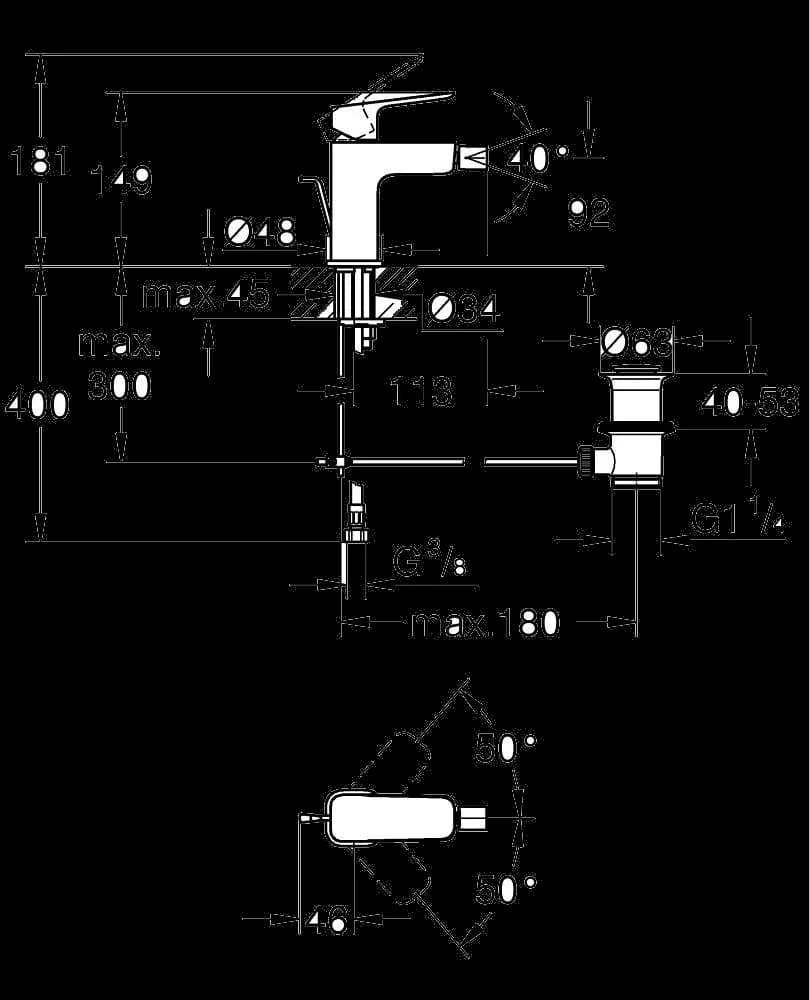 GROHE Cubeo Baterie bideu monocomandă 1/2" Mărimea S - desen tehnic cu cote