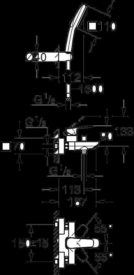 GROHE Cubeo Baterie cadă monocomandă 1/2" - desen tehnic cu cote