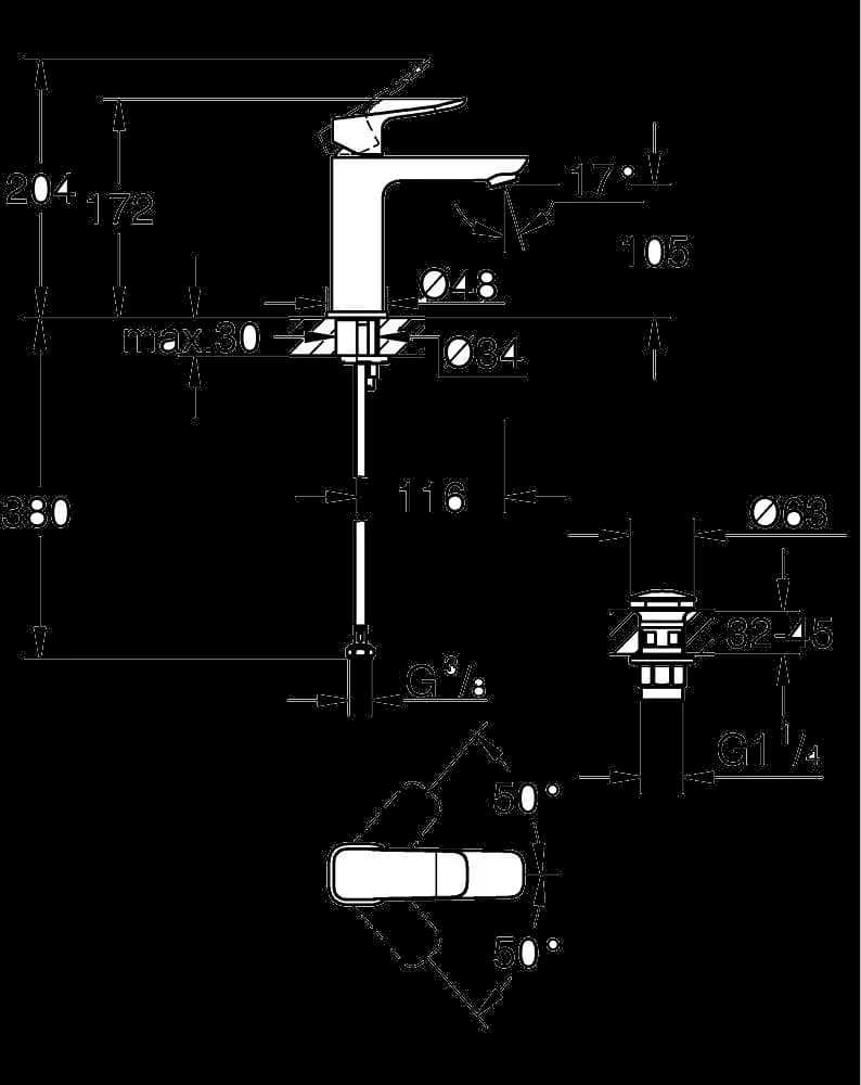 GROHE Dice Baterie lavoar monocomandă 1/2" Mărimea M - desen tehnic cu cote