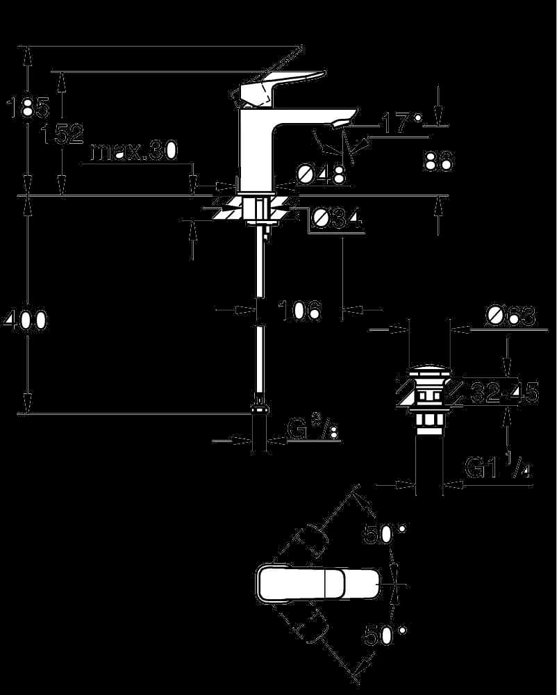 GROHE Dice Baterie lavoar monocomandă 1/2" - desen tehnic cu cote
