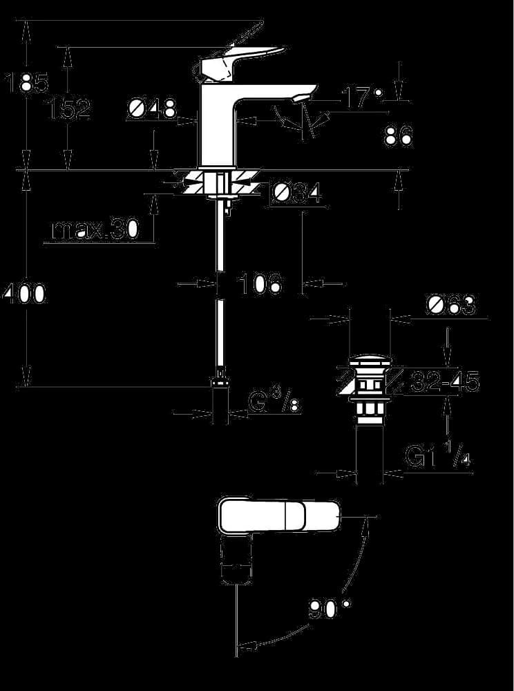 GROHE Dice Baterie lavoar monocomandă 1/2" - desen tehnic cu cote