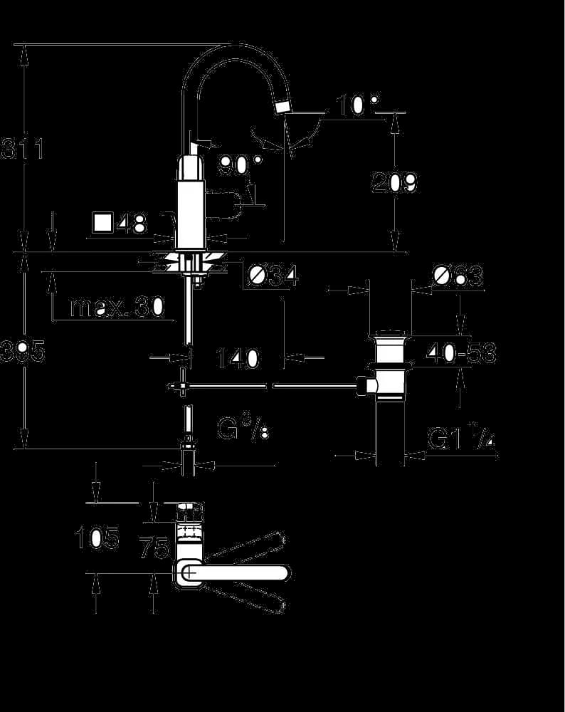 GROHE Dice Baterie lavoar monocomandă 1/2" Mărimea L - desen tehnic cu cote