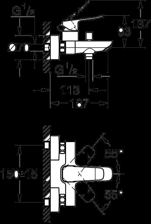GROHE Dice Baterie cadă monocomandă 1/2" - desen tehnic cu cote