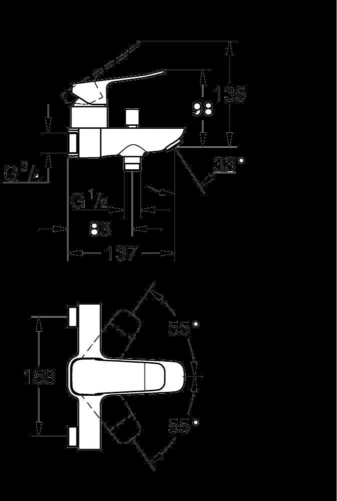 GROHE Dice Baterie cadă monocomandă 1/2" - desen tehnic cu cote