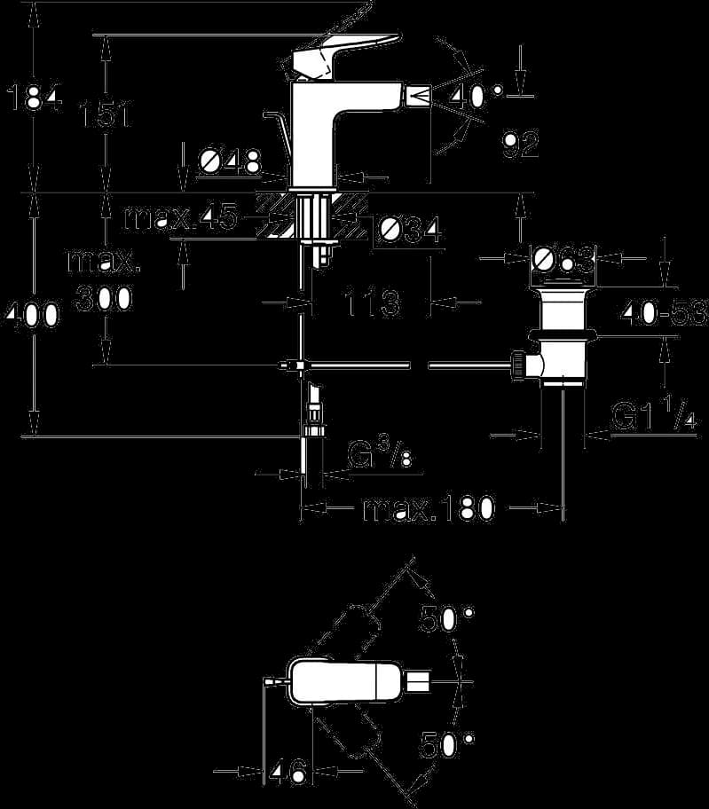 GROHE Dice Baterie bideu monocomandă 1/2" Mărimea S - desen tehnic cu cote