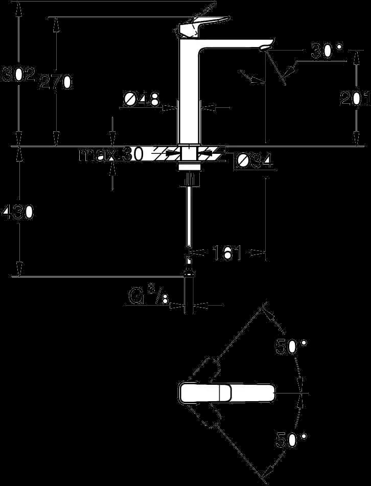 GROHE Dice Baterie lavoar monocomandă 1/2" Mărimea XL - desen tehnic cu cote