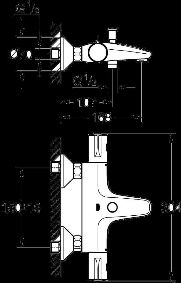 GROHE Grohtherm 800 Baterie cadă cu termostat 1/2" - desen tehnic cu cote