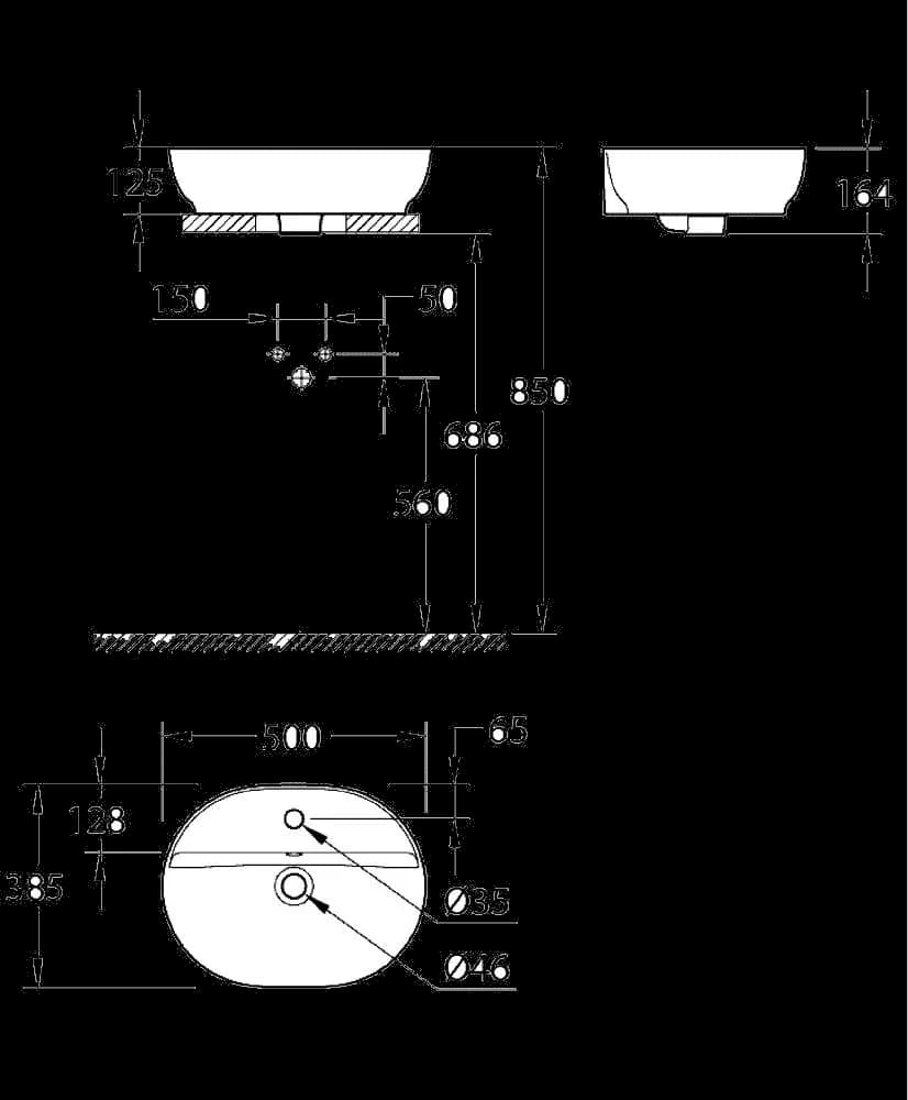 GROHE Essence Lavoar cu montare pe blat 50 - desen tehnic cu cote
