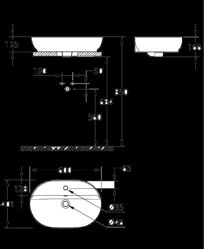 GROHE Essence Lavoar cu montare pe blat 60 - desen tehnic cu cote