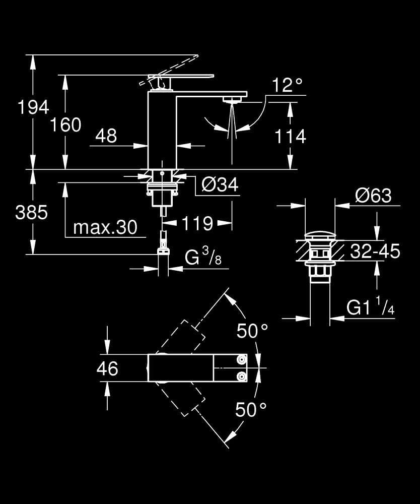 GROHE Allure Gravity Baterie lavoar monocomandă Mărimea S - desen tehnic cu cote