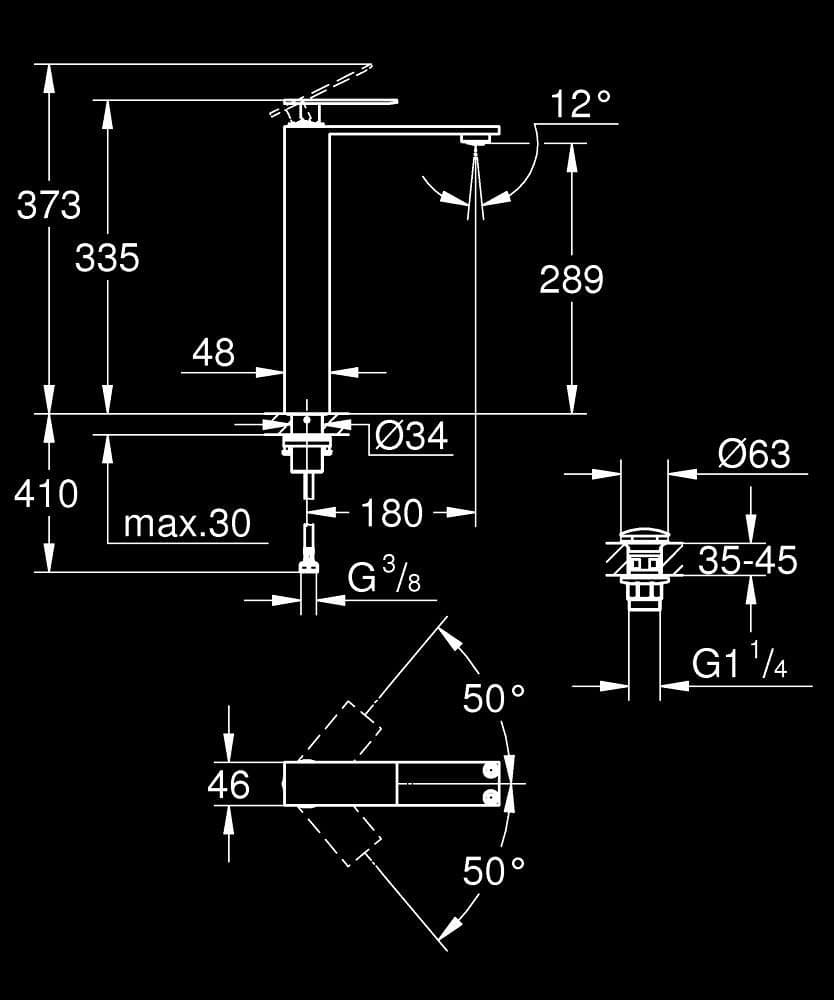 GROHE Allure Gravity Baterie lavoar monocomandă 1/2" Mărimea XL - desen tehnic cu cote