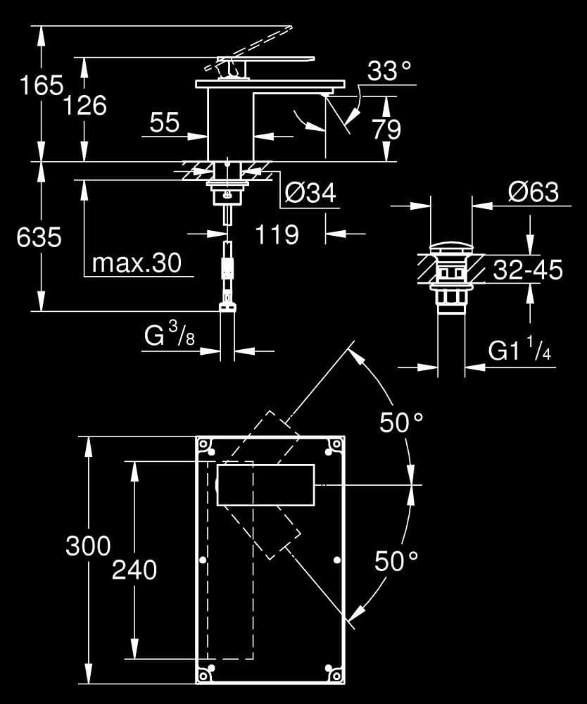 GROHE Allure Gravity Baterie lavoar monocomandă 1/2" Mărimea XL - desen tehnic cu cote
